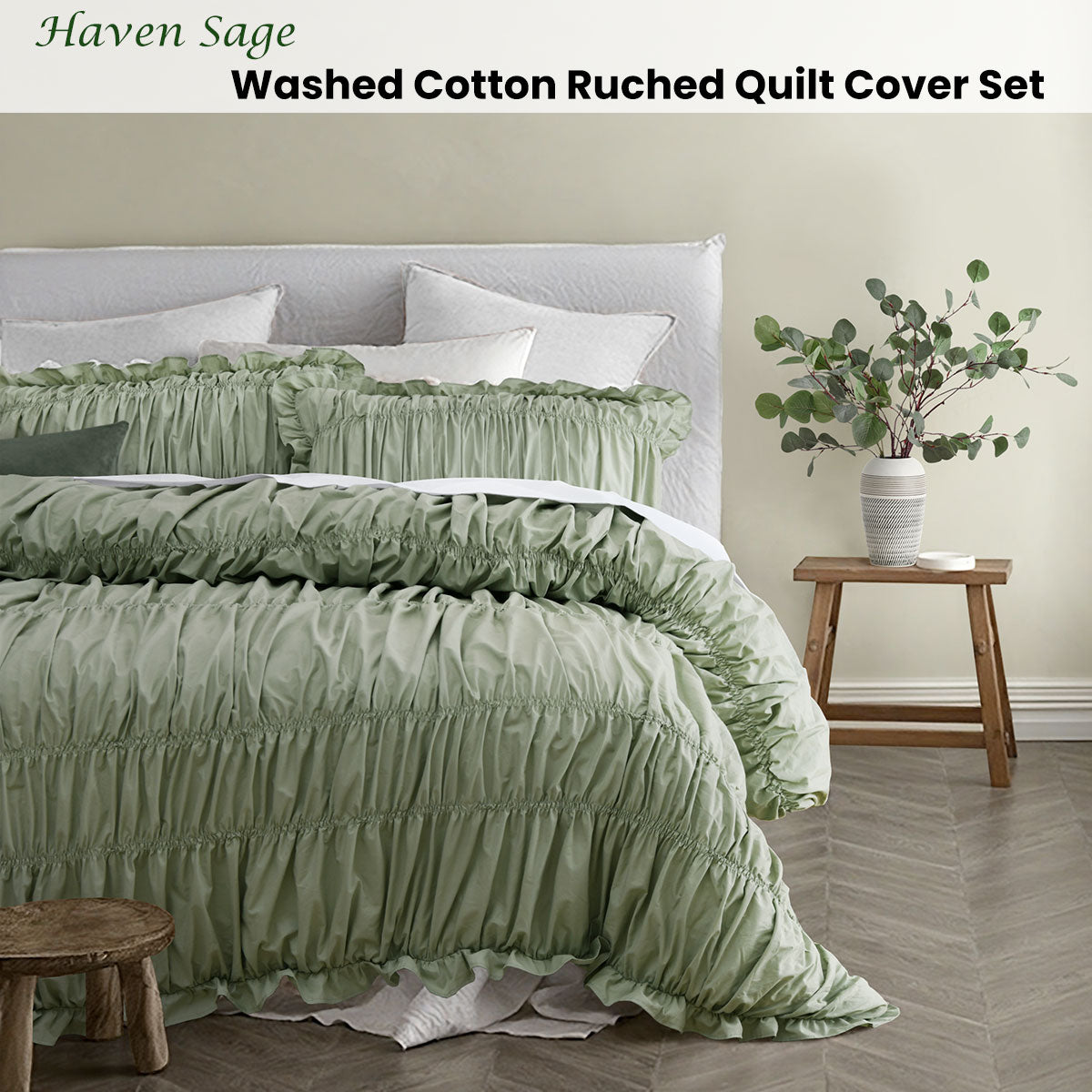 Vintage Design Haven Sage Washed Cotton Ruched Quilt Cover Set Double