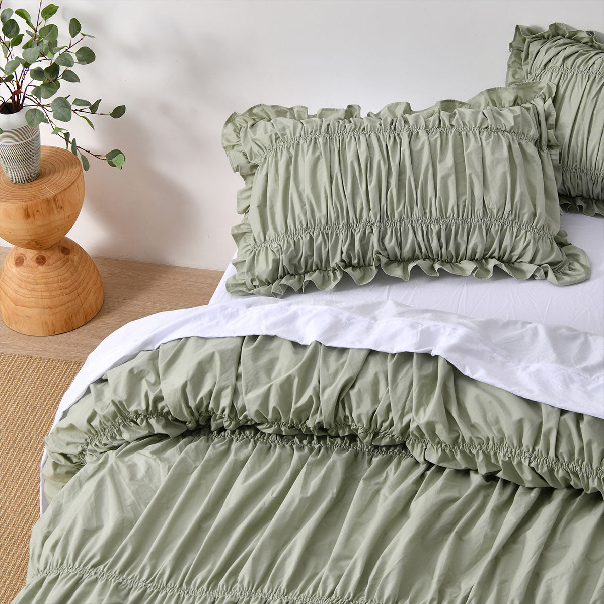 Vintage Design Haven Sage Washed Cotton Ruched Quilt Cover Set Double - SuperSaverAU - view 3