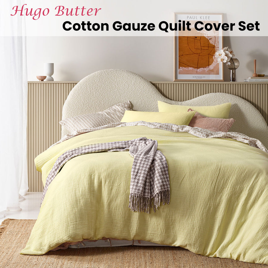 Vintage Design Homewares Hugo Butter Cotton Gauze Quilt Cover Set King - Solid Colour Design - SuperSaverAU - view 1
