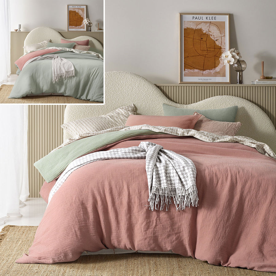 Vintage Design Homewares Hugo Reversible Cotton Gauze Quilt Cover Set King - Clay Sage - SuperSaverAU - view 1