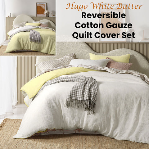 Vintage Design Homewares Hugo Reversible White Butter Cotton Quilt Cover Set King - SuperSaverAU - view 1