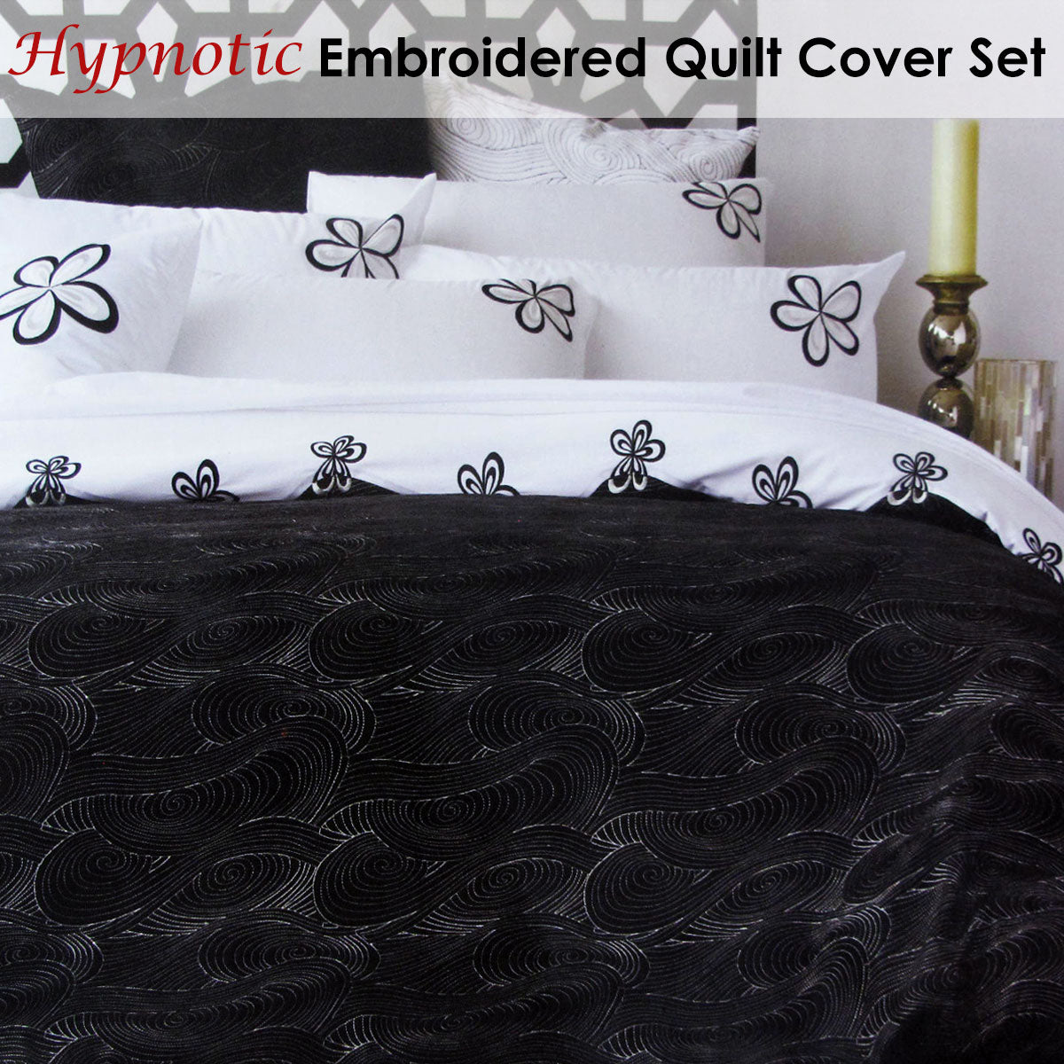 Accessorize Hypnotic Black Embroidered Quilt Cover Set Queen - Wavy Pattern, Soft Polyester Cotton - SuperSaverAU - view 2