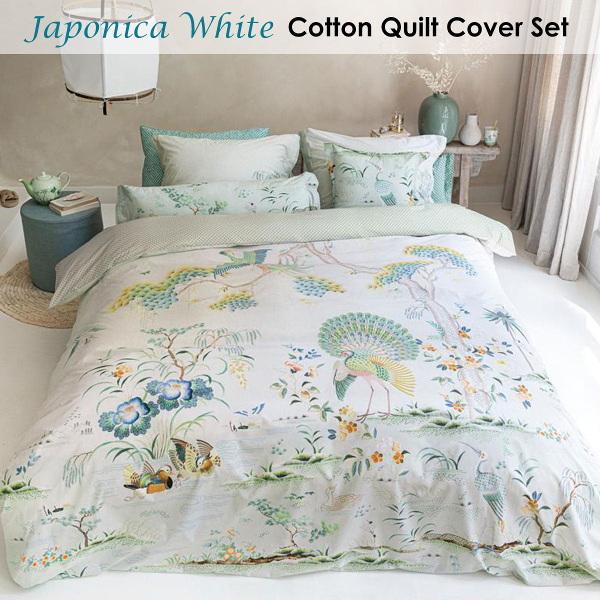 PIP Studio Japonica White Cotton Quilt Cover Set - Super King, Landscape Print, 200TC - SuperSaverAU - view 1