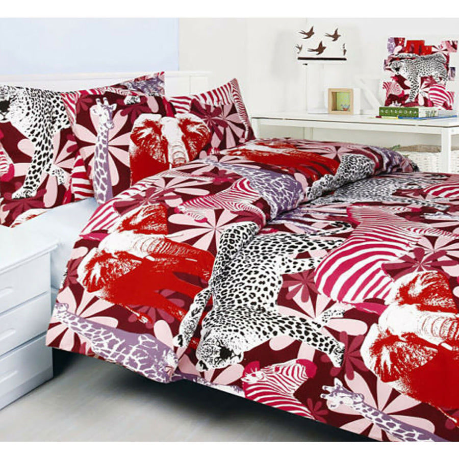 Bright Young Things Jungle Red Quilt Cover Set Single - Safari Animal Print - SuperSaverAU - view 1