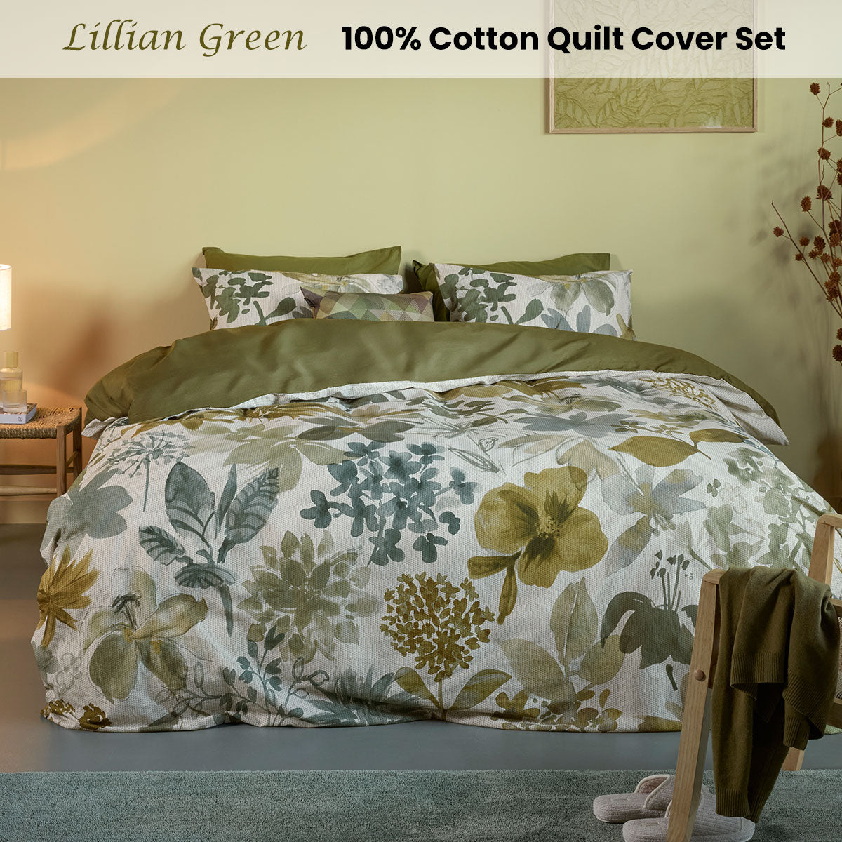 Bedding House Lilian Queen Cotton Percale Quilt Cover Set - Green Foliage - SuperSaverAU - view 2