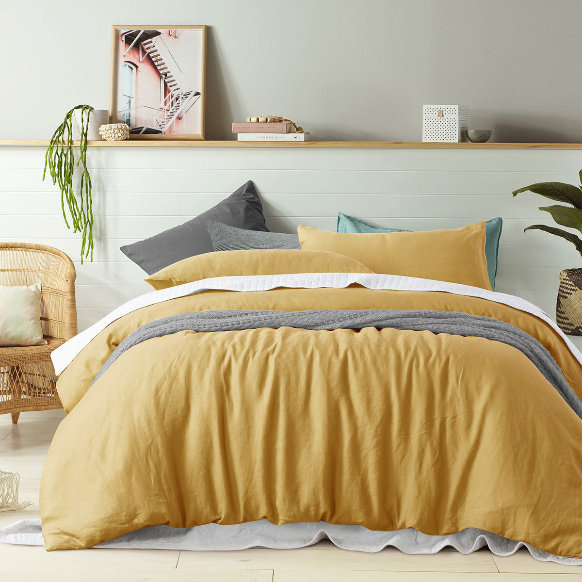 Vintage Design Homewares 100% Linen Ochre Quilt Cover Set King - Solid Colour Design - SuperSaverAU - view 1