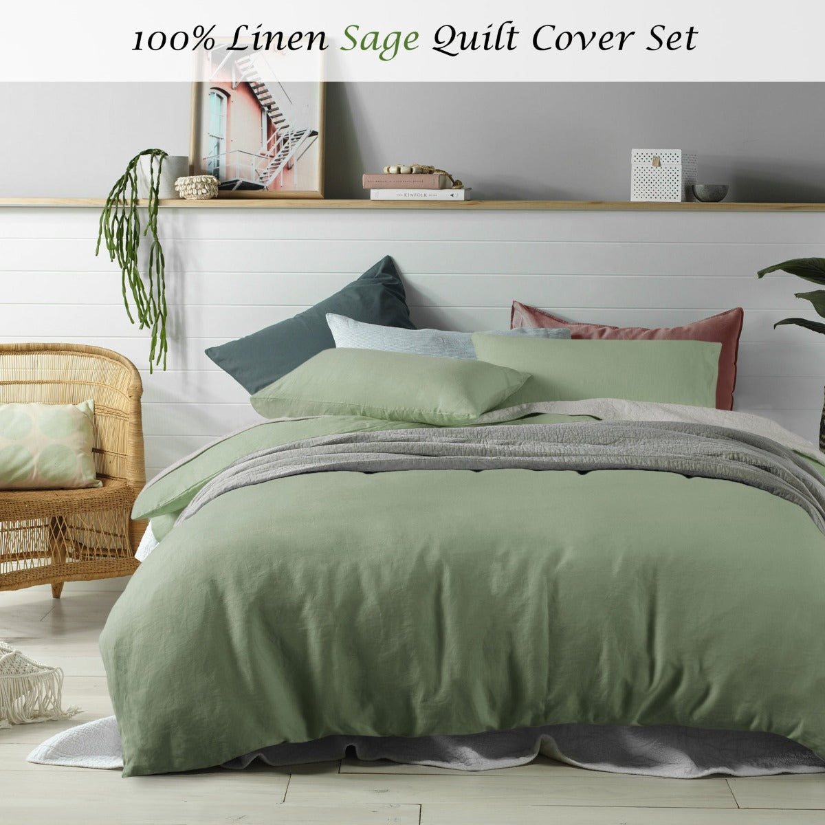 Accessorize Linen Quilt Cover Set with Solid Colour Design - Sage, King