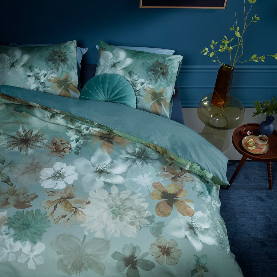 Bedding House Lou Cotton Floral Quilt Cover Set 144TC - Blue Green, Queen