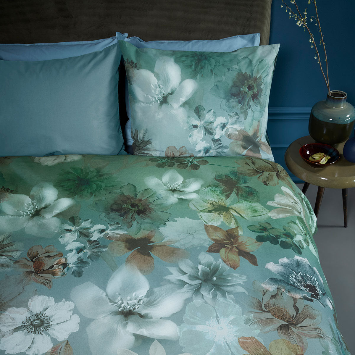 Bedding House Lou Cotton Floral Quilt Cover Set 144TC - Blue Green, Queen