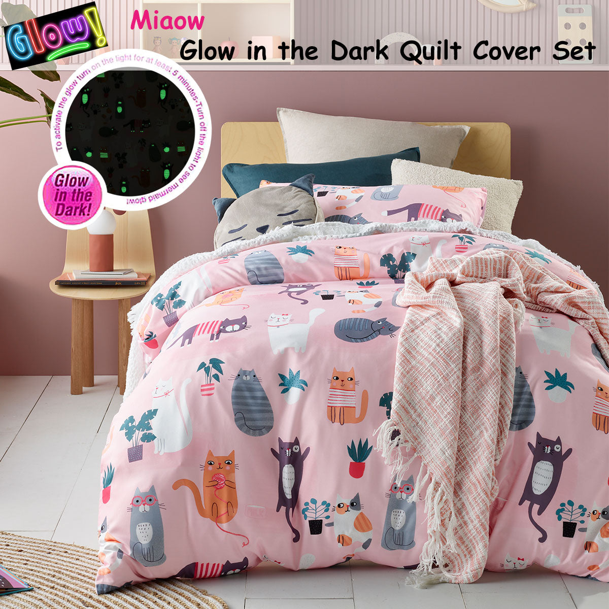 Happy Kids Miaow Glow in the Dark Quilt Cover Set Single - 180 Thread Count, Polyester