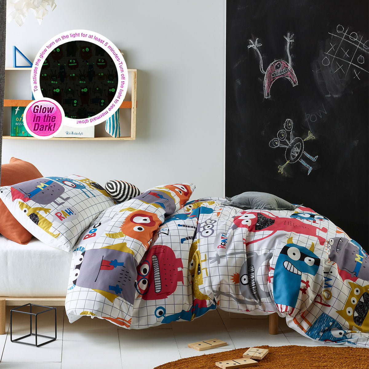 Happy Kids Monster Squad Glow in the Dark Quilt Cover Set Single, 180 Thread Count - SuperSaverAU - view 1