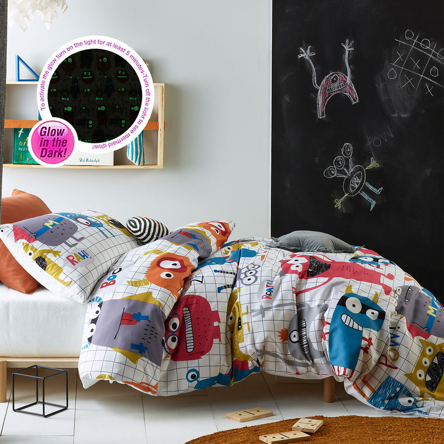 Happy Kids Monster Squad Glow in the Dark Quilt Cover Set Single, 180 Thread Count - SuperSaverAU - view 1