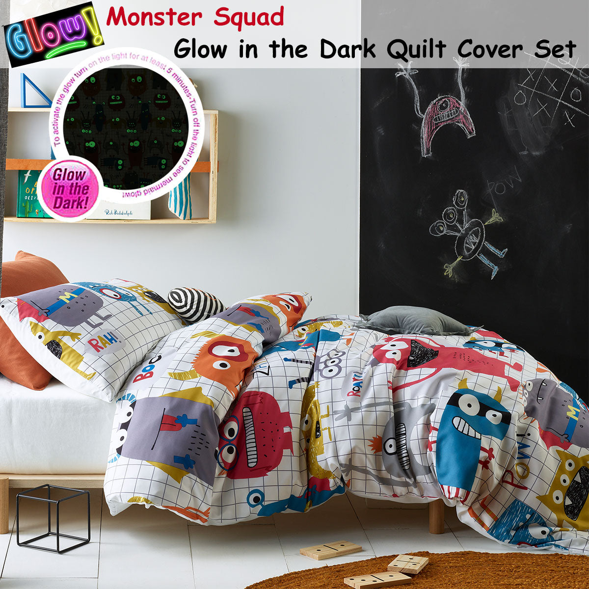 Happy Kids Monster Squad Glow in the Dark Quilt Cover Set Single, 180 Thread Count - SuperSaverAU - view 2