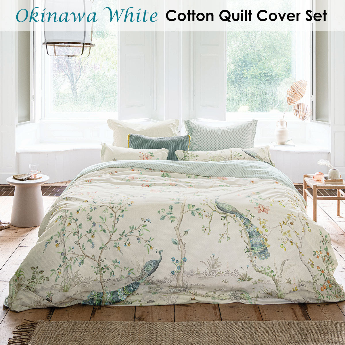 PIP Studio Okinawa White Quilt Cover Set King - Peacocks Print, 200TC Cotton - SuperSaverAU - view 1