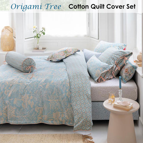PIP Studio Origami Tree Light Blue Quilt Cover Set Queen - 100% Cotton, Reversible - SuperSaverAU - view 1