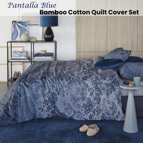 Bedding House Pantalla Blue Floral Quilt Cover Set Queen - Bamboo Cotton Sateen - SuperSaverAU - view 1