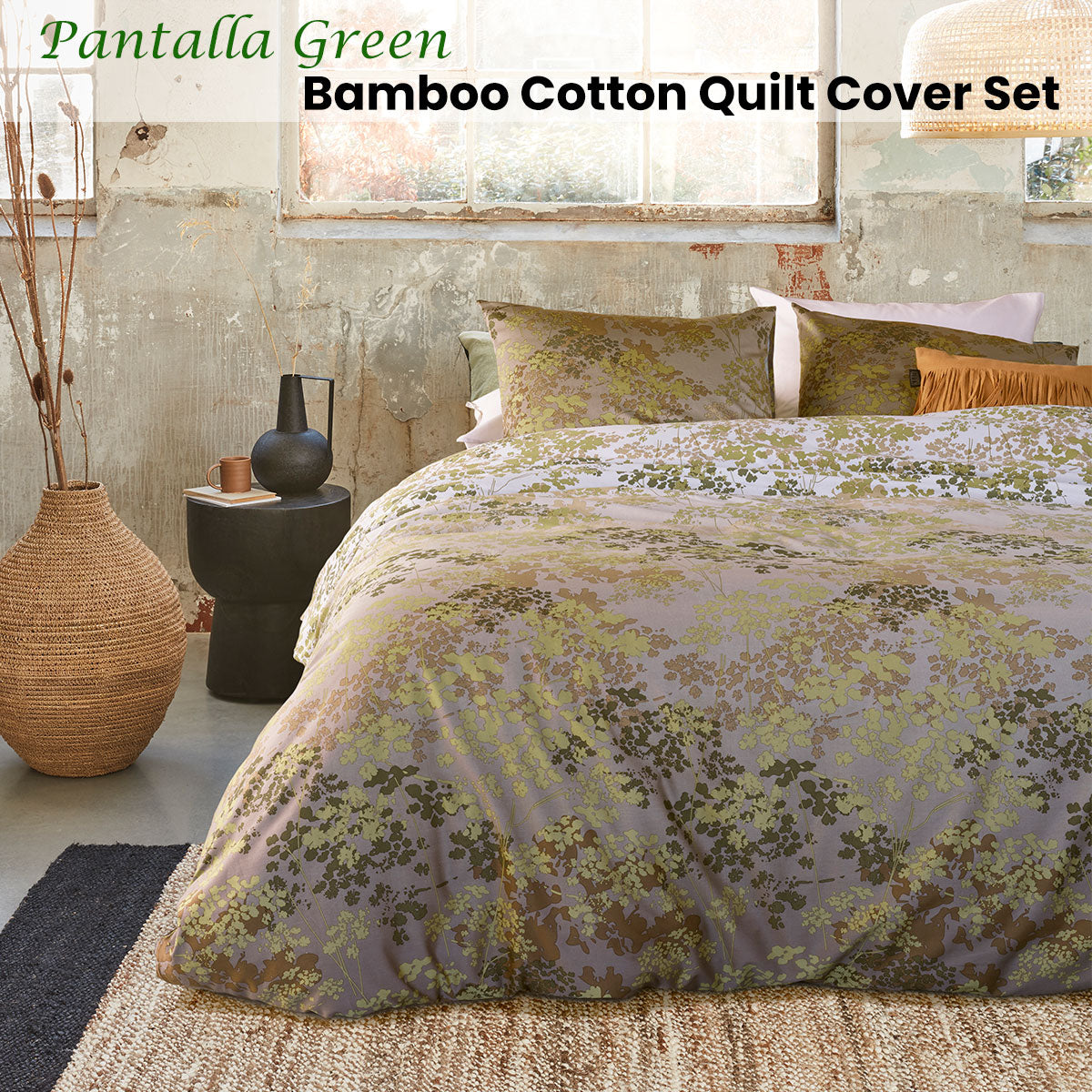 Bedding House Pantalla Green Bamboo Cotton Quilt Cover Set Queen - Floral Design, All Seasons - SuperSaverAU - view 2