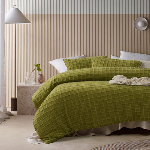 Vintage Design Homewares Parquet Cacti Green Quilt Cover Set Double - Chenille Grid Pattern - SuperSaverAU - view 1
