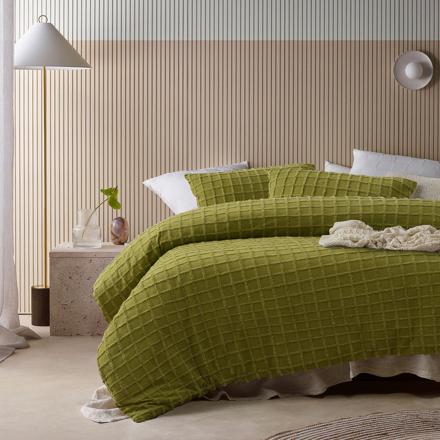 Vintage Design Homewares Parquet Cacti Green Quilt Cover Set King - Chenille Grid Pattern - SuperSaverAU - view 1