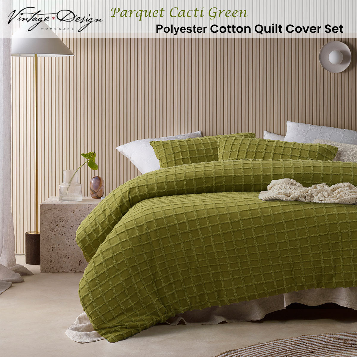Vintage Design Homewares Parquet Cacti Green Quilt Cover Set Single - Chenille Grid Pattern - SuperSaverAU - view 1
