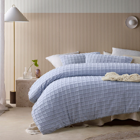 Vintage Design Homewares Parquet Snooze Blue Quilt Cover Set Queen - Polyester Cotton, Grid Pattern - SuperSaverAU - view 1