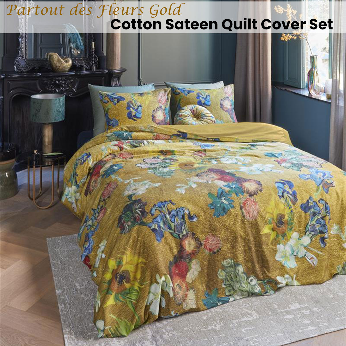 Bedding House Van Gogh Floral Quilt Cover Set King - Gold Cotton Sateen - SuperSaverAU - view 1