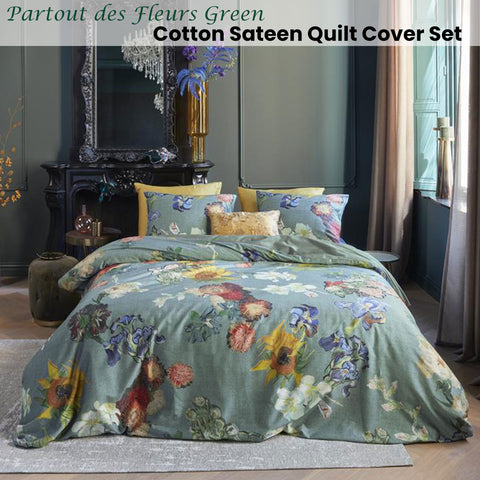 Bedding House Van Gogh Floral Quilt Cover Set Green Cotton Sateen King - SuperSaverAU - view 1