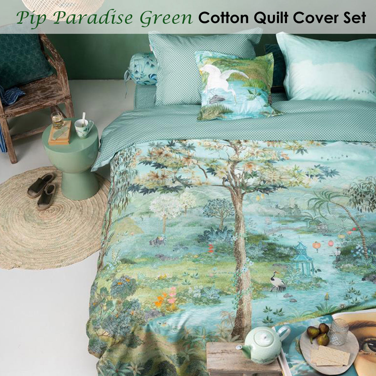 PIP Studio Pip Paradise Green Quilt Cover Set King - Landscape Print, 200TC Cotton - SuperSaverAU - view 2