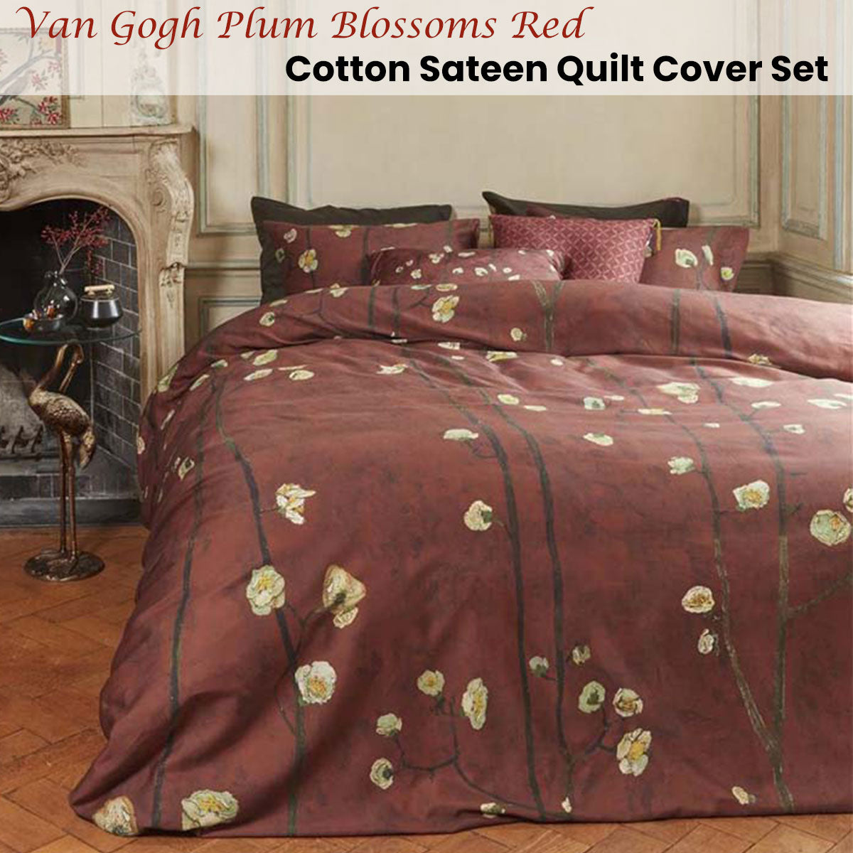 Bedding House Van Gogh Floral Print Quilt Cover Set Queen - Cotton Sateen Red - SuperSaverAU - view 1