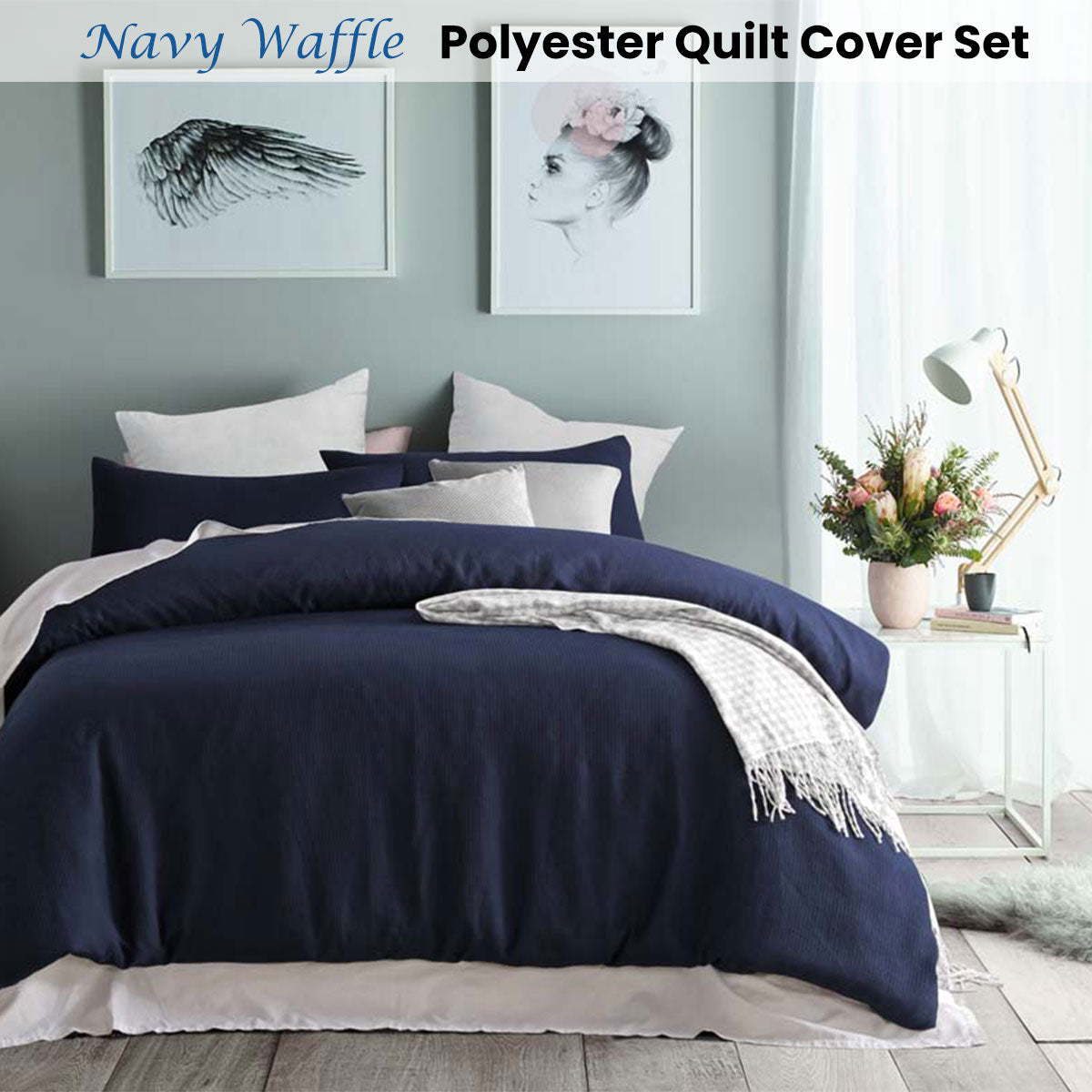 Accessorize Navy Waffle Polyester Quilt Cover Set Double - Lightweight Comfort - SuperSaverAU - view 2