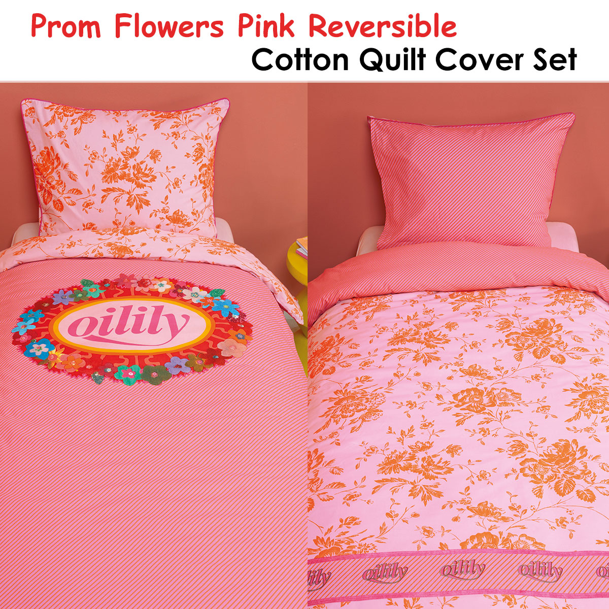 Oilily Pink Cotton Quilt Cover Set Single - Reversible Floral Design, 144 TC - SuperSaverAU - view 1