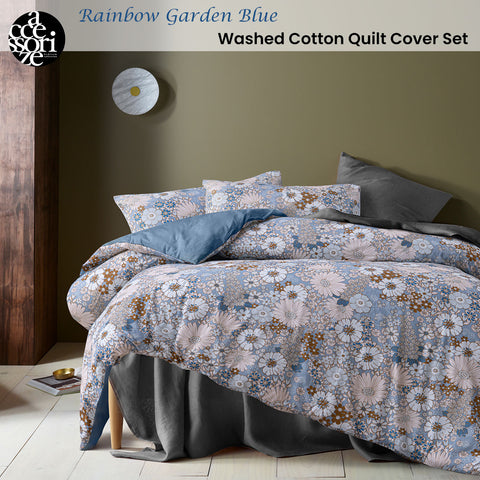 Accessorize Rainbow Garden Blue Washed Cotton Quilt Cover Set Double - Floral Pattern - SuperSaverAU - view 2