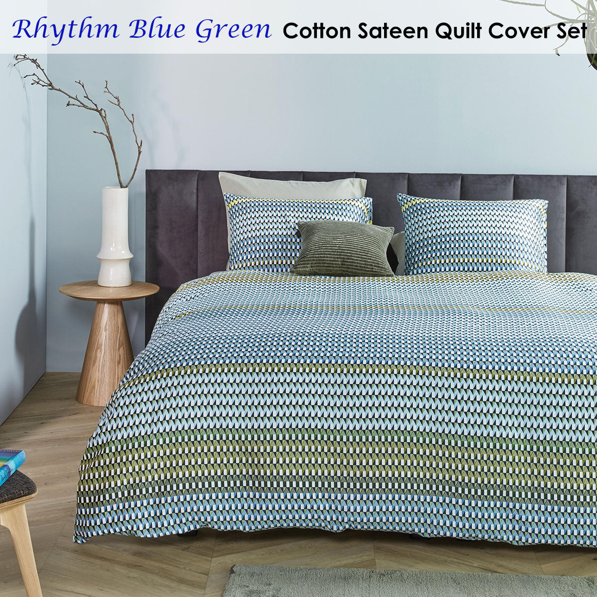 Bedding House Rhythm Blue Green Cotton Sateen Quilt Cover Set King - Geometric Print, 220 TC - SuperSaverAU - view 1