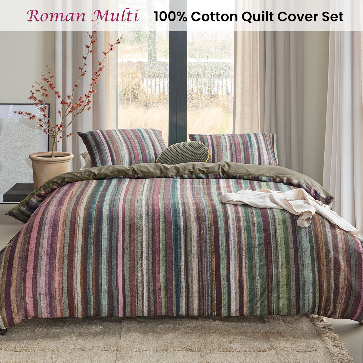 Bedding House Roman Cotton Sateen Stripe Quilt Cover Set 220TC - Multi, King