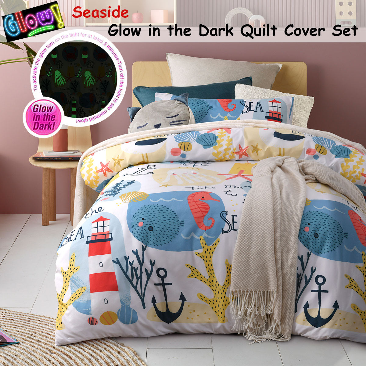 Happy Kids Seaside Glow in the Dark Quilt Cover Set - Single, 180 Thread Count - SuperSaverAU - view 2