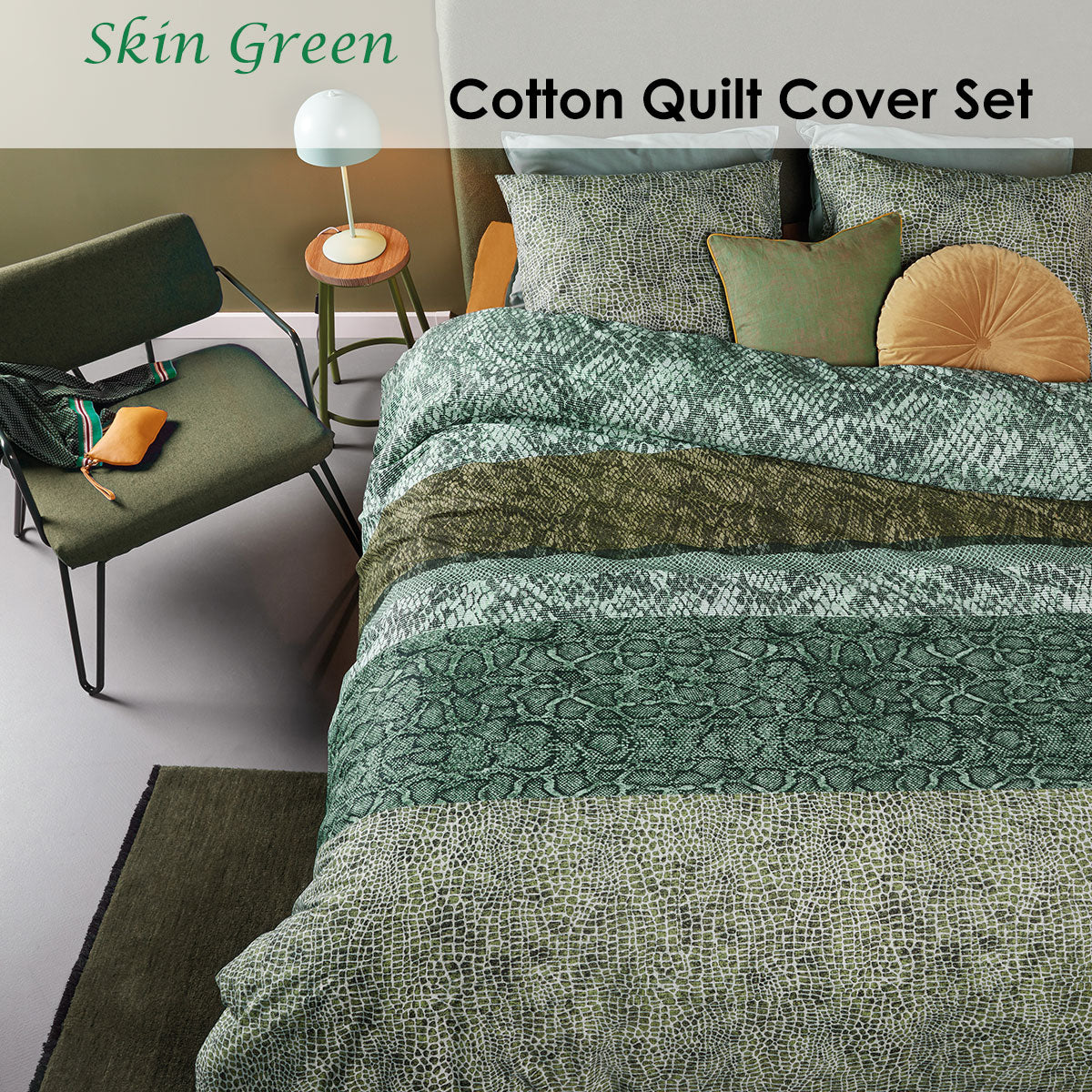 Bedding House Skin Green Cotton Quilt Cover Set King - Snake Print Design - SuperSaverAU - view 2