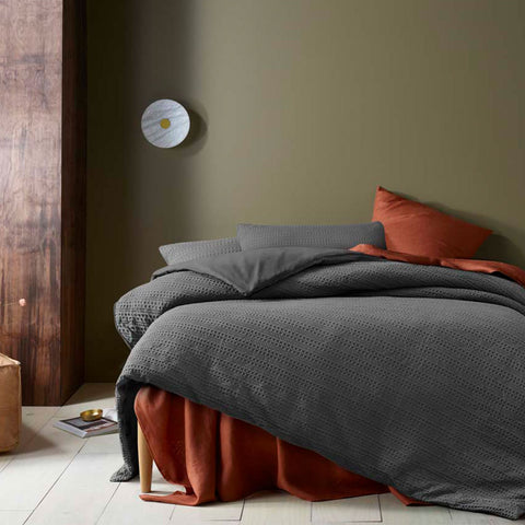 Accessorize Soho Waffle Dark Grey Quilt Cover Set Queen - Textured Design - SuperSaverAU - view 1