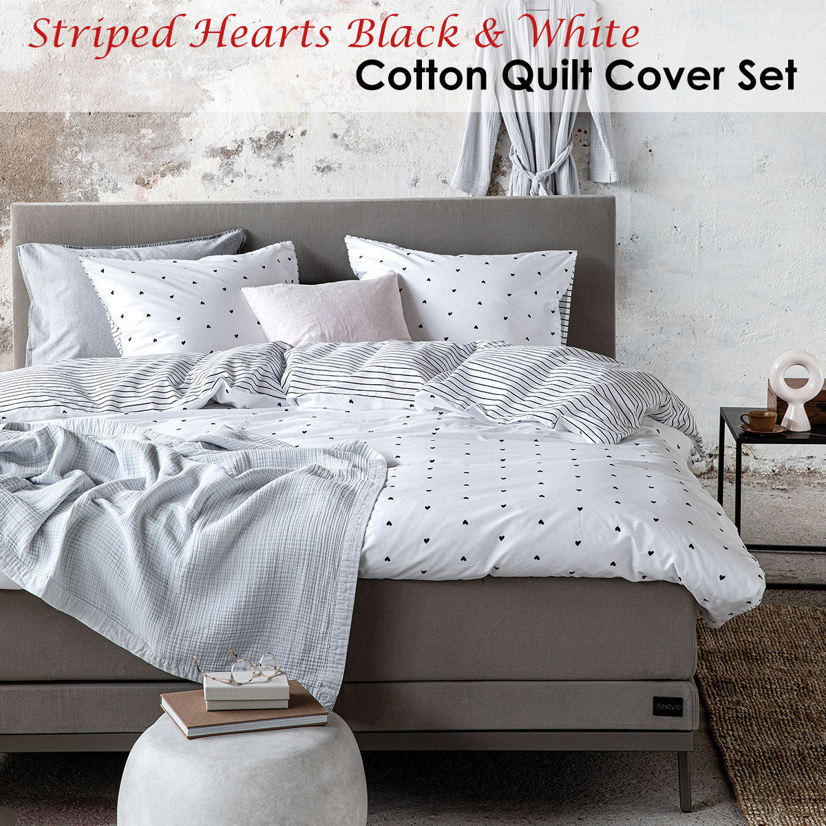 VTWonen Striped Hearts Black & White Cotton Quilt Cover Set King - Reversible Design - SuperSaverAU - view 2
