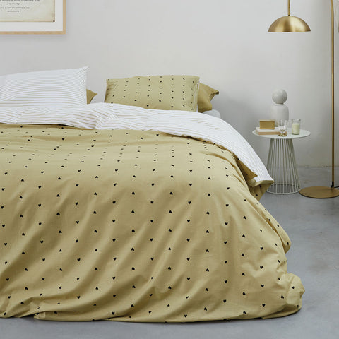 VTWonen Striped Hearts Yellow Cotton Quilt Cover Set King - Reversible Design - SuperSaverAU - view 1