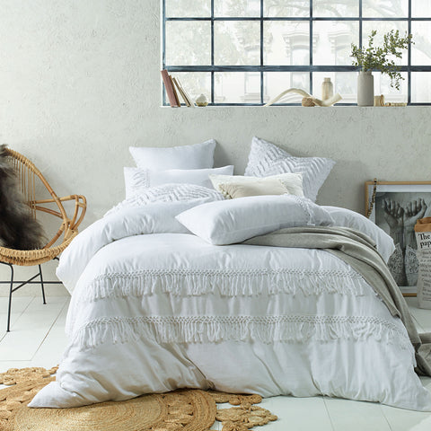 Accessorize Tassel Linen Cotton Quilt Cover Set White King - Solid Colour Design - SuperSaverAU - view 1