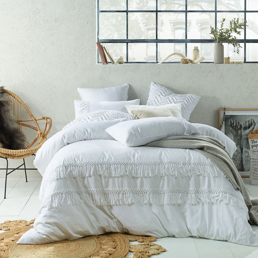 Accessorize Tassel Linen Cotton Quilt Cover Set White Queen - Solid Colour Design, Appliqué - SuperSaverAU - view 1