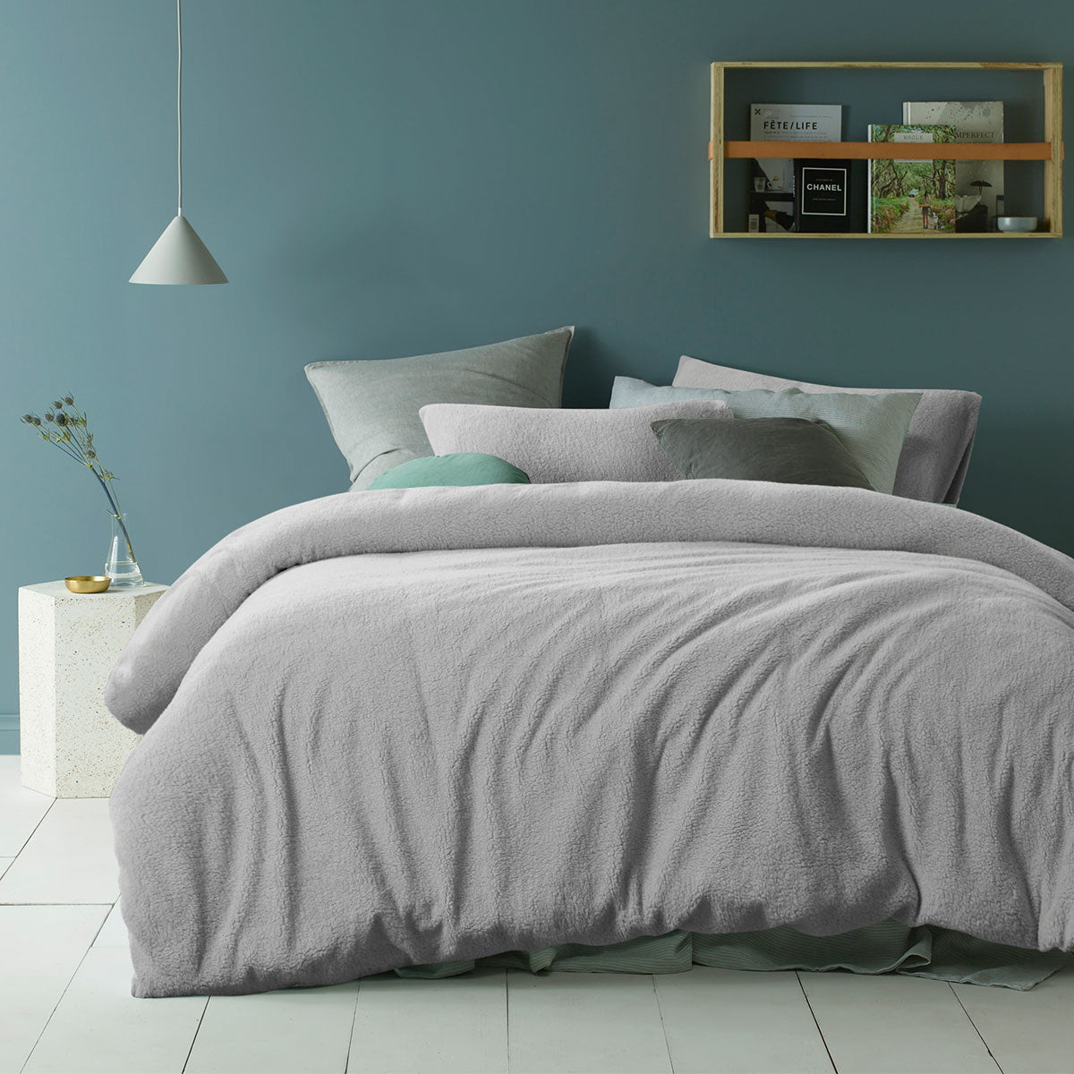 Accessorize Teddy Plush Quilt Cover Set with Solid Colour Design - Grey, Queen