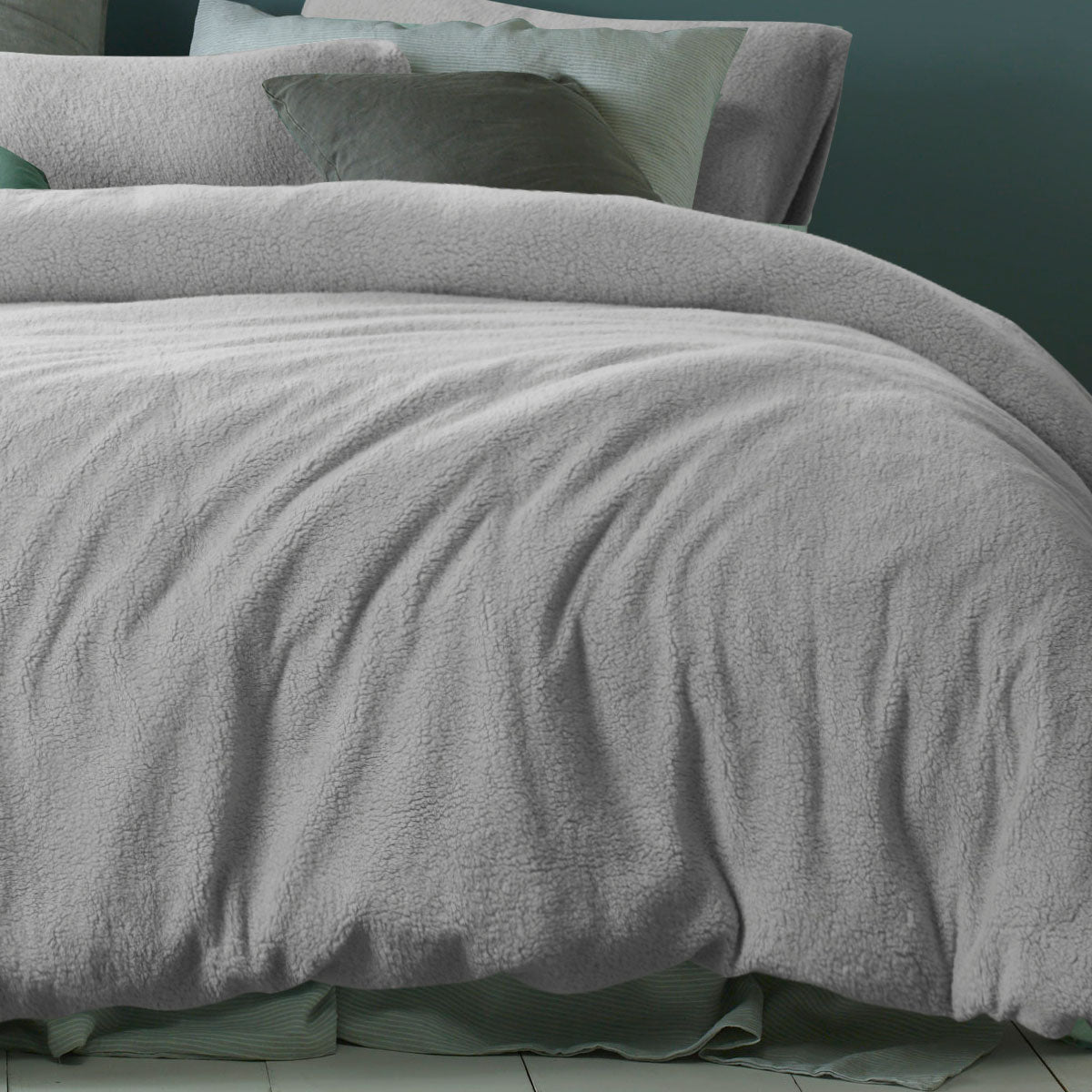 Accessorize Teddy Plush Quilt Cover Set with Solid Colour Design - Grey, Single