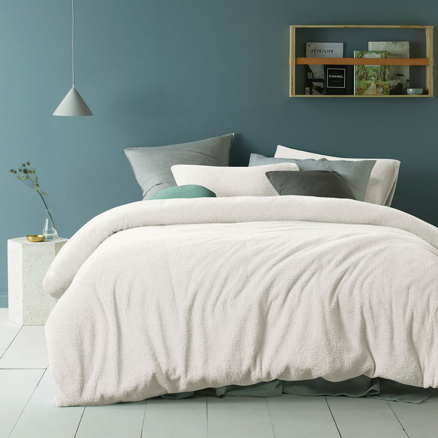 Accessorize Teddy Plush Quilt Cover Set with Solid Colour Design - White, King