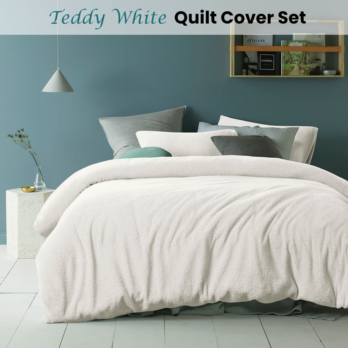 Accessorize Teddy Plush Quilt Cover Set with Solid Colour Design - White, Queen