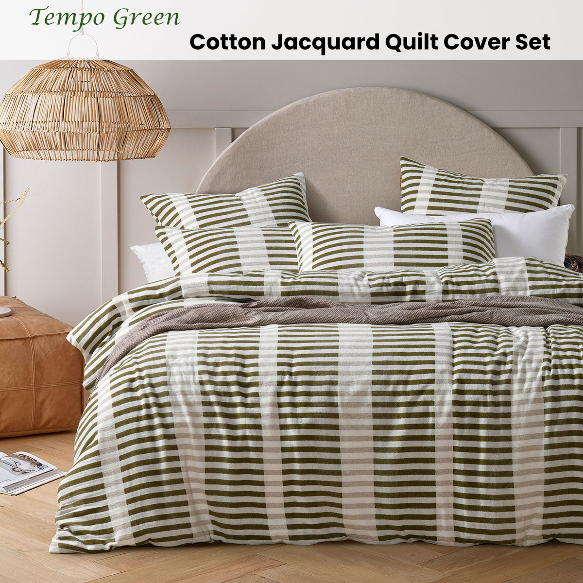 Vintage Design Homewares Tempo Green Cotton Jacquard Quilt Cover Set King Size