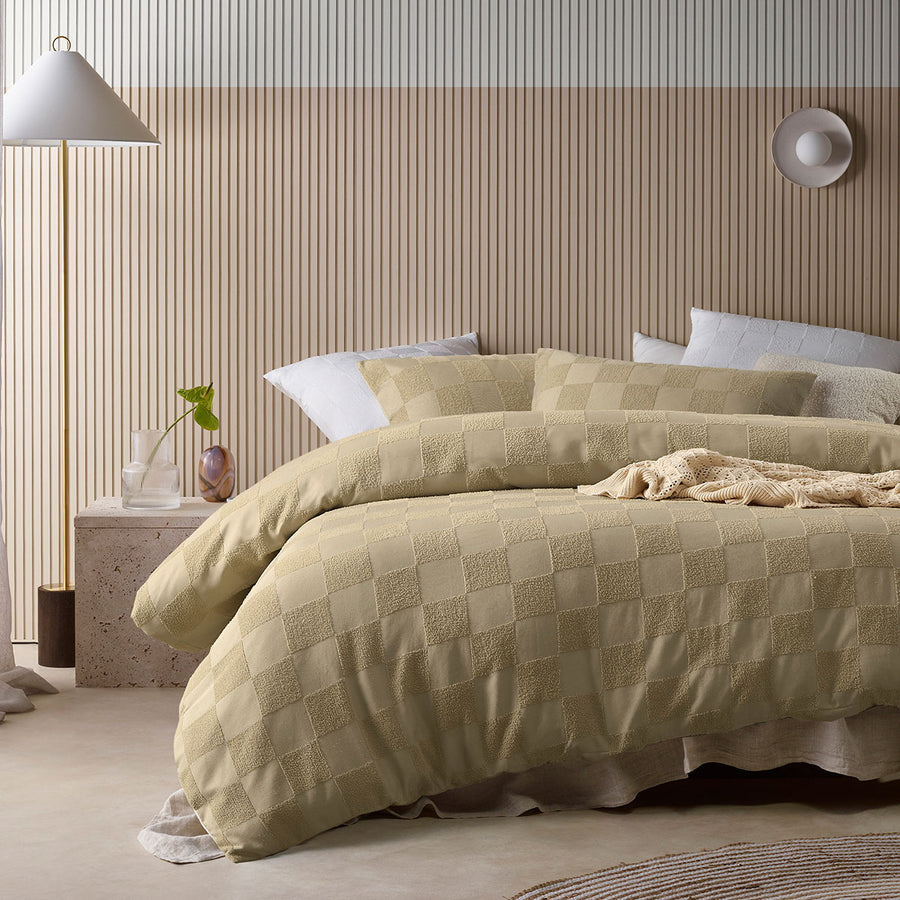 Tipo Safari Chenille Quilt Cover Set Double - Texture Grid Pattern, Polyester/Cotton - SuperSaverAU - view 1
