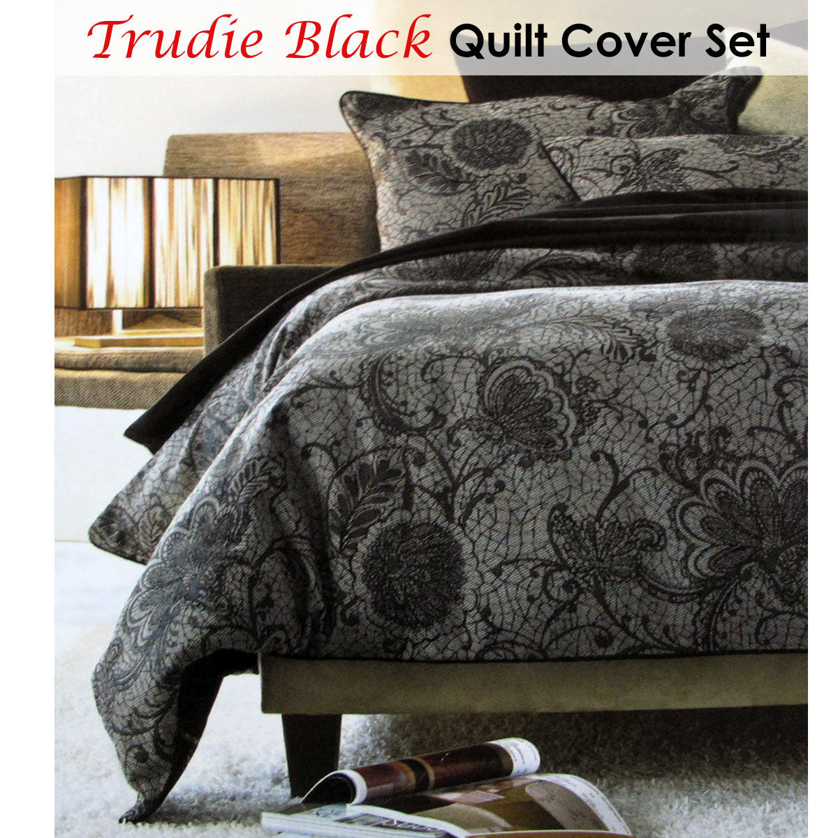Accessorize Trudie Black Jacquard Quilt Cover Set Single, Floral Design, 140 x 210 cm - SuperSaverAU - view 2