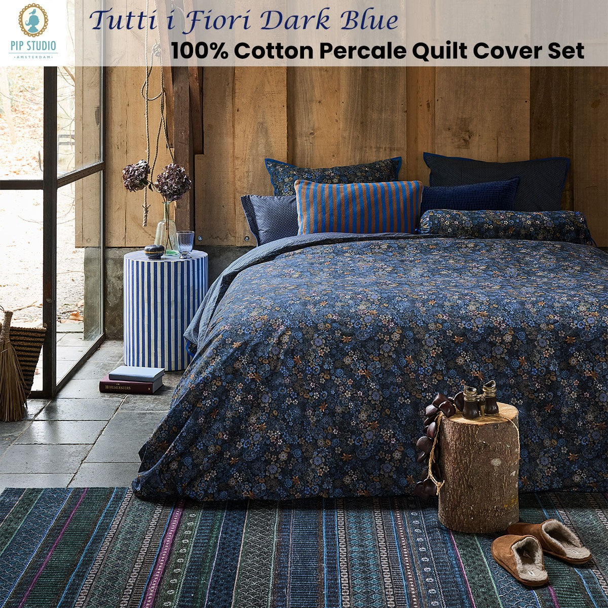 PIP Studio Tutti i Fiori Queen Cotton Quilt Cover Set - Dark Blue Floral - SuperSaverAU - view 2