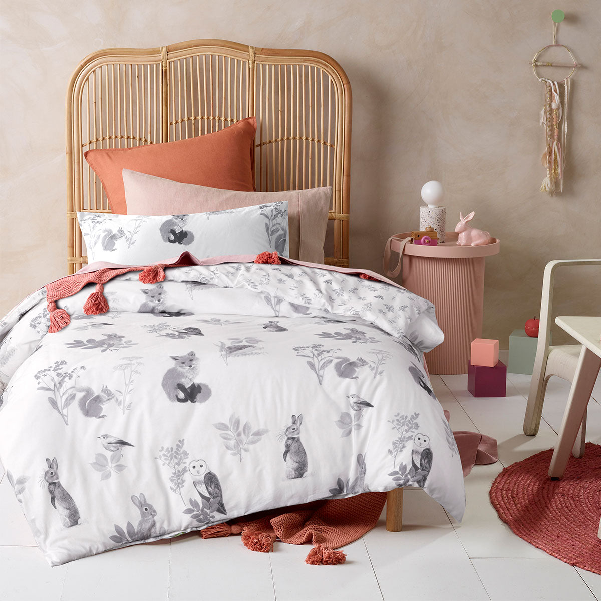 Happy Kids Woodland Cotton Quilt Cover Set - White, Double